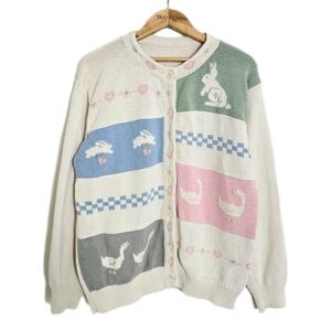 Vtg Cream Duck and Bunny Cardigan